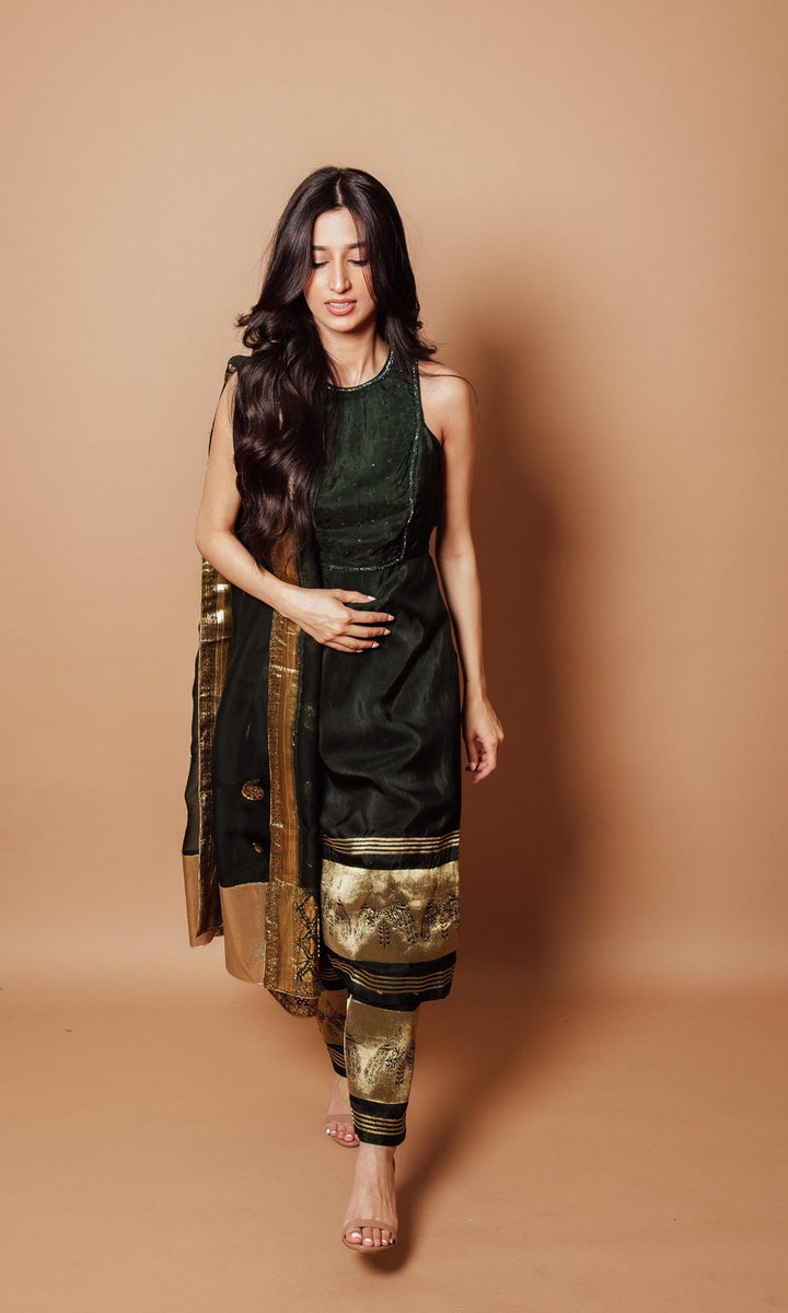 Green Silk Salwar Kameez with Peacock border ANARKALI & GOWN RAAS