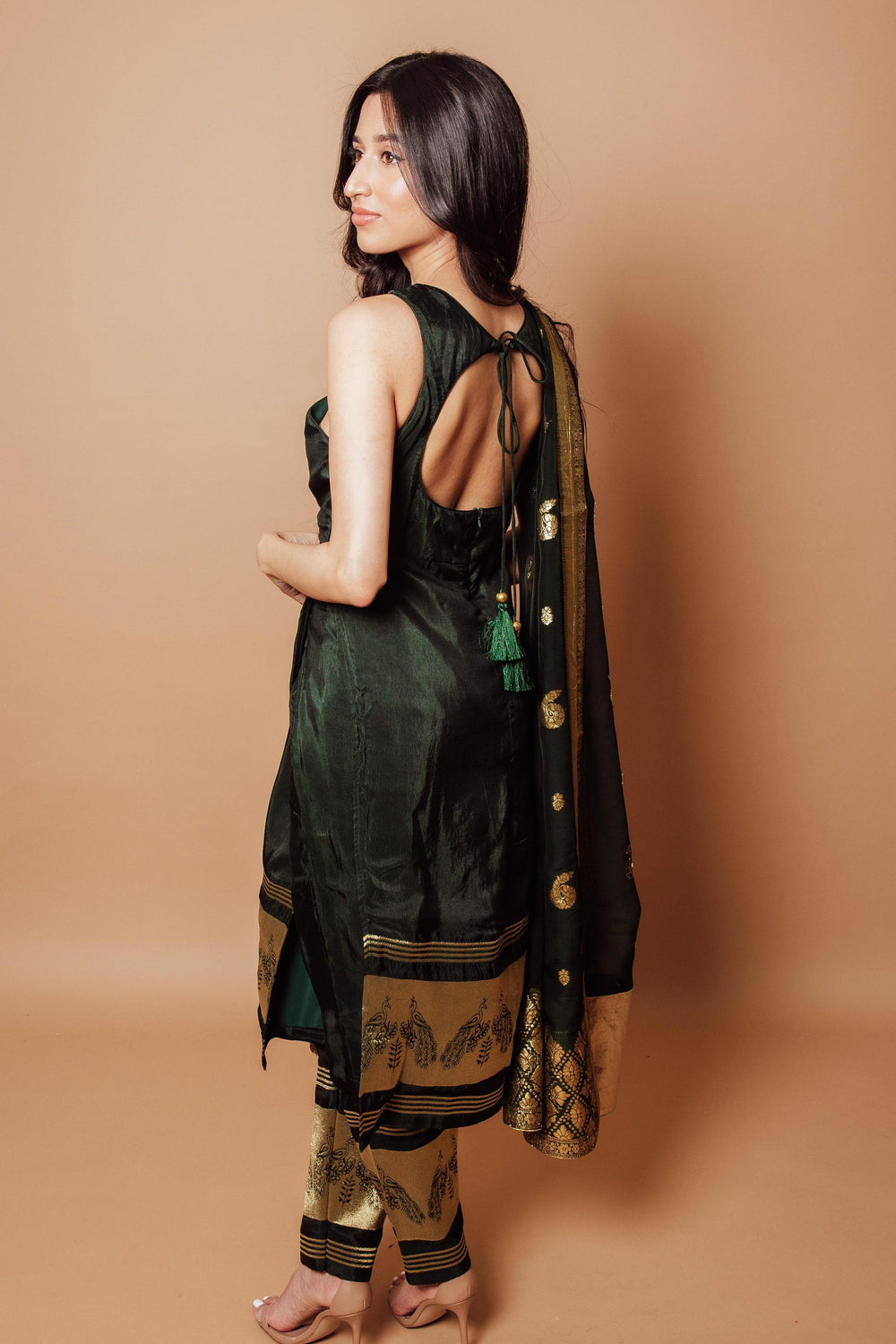 Green Silk Salwar Kameez with Peacock border-Raas