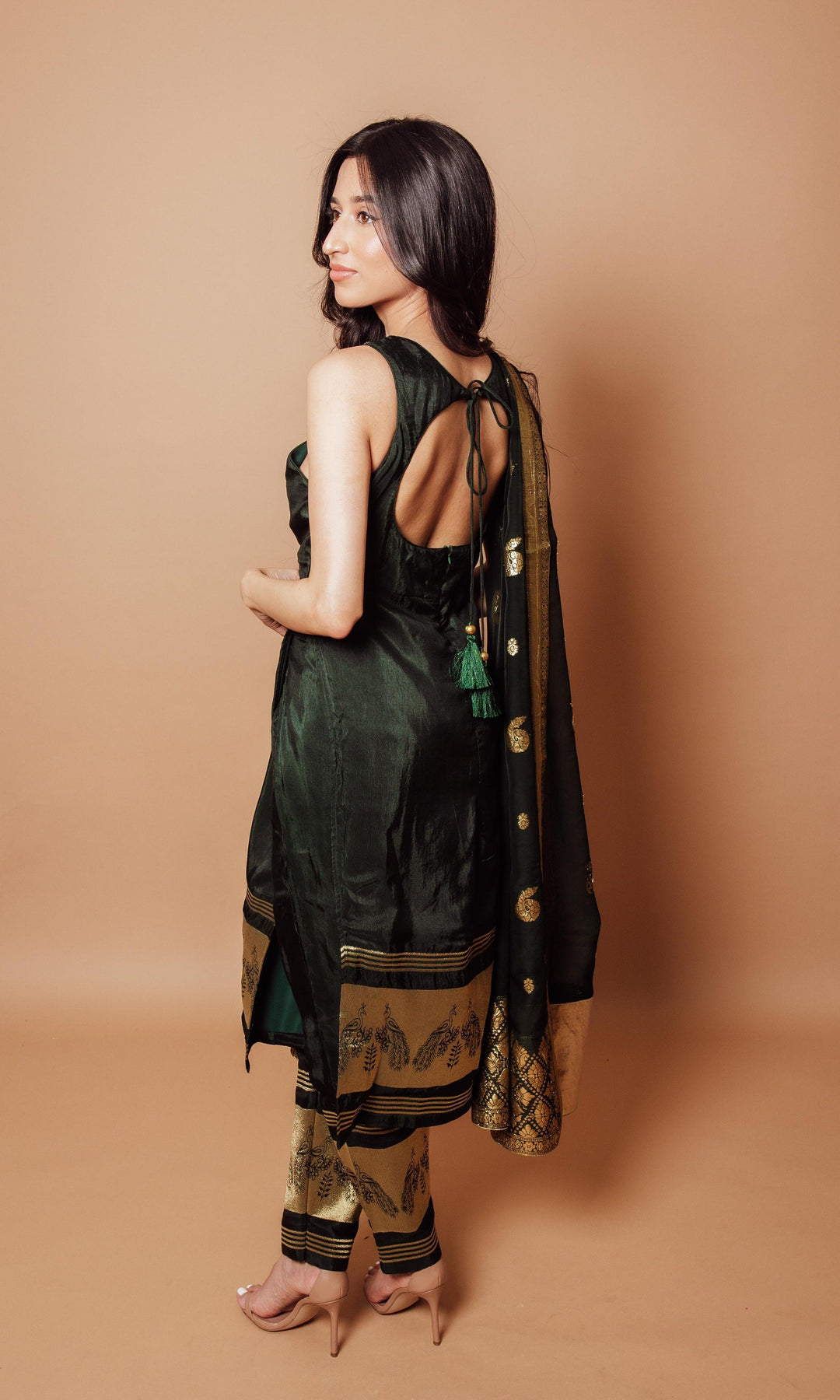 Green Silk Salwar Kameez with Peacock border-Raas