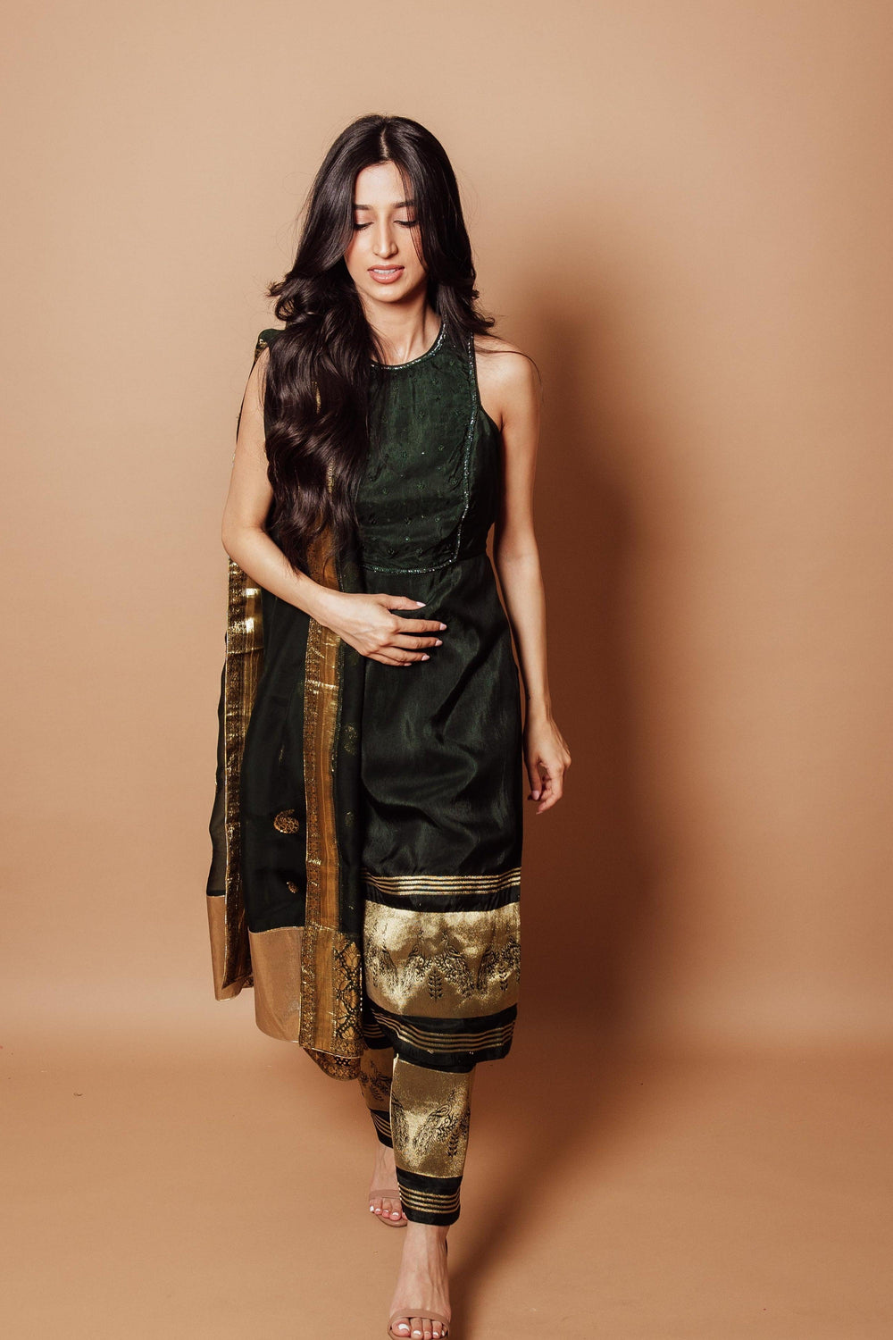 Green Silk Salwar Kameez with Peacock border-Raas
