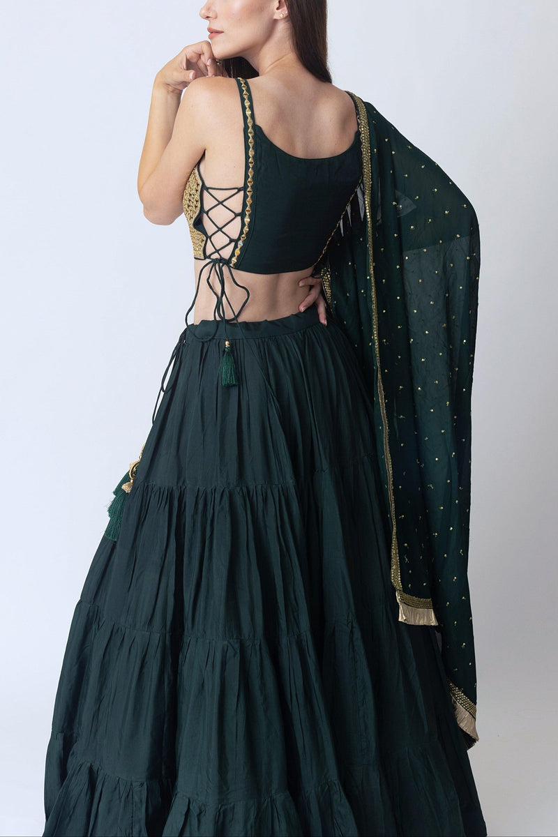 Green and Gold Lehenga Choli with Mirror Work Blouse-[comfort-first-design]-[lightweight]-Raas