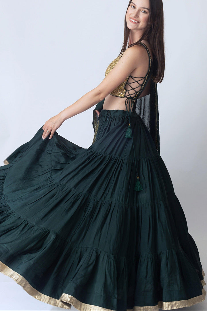 Green and Gold Lehenga Choli with Mirror Work Blouse-[comfort-first-design]-[lightweight]-Raas