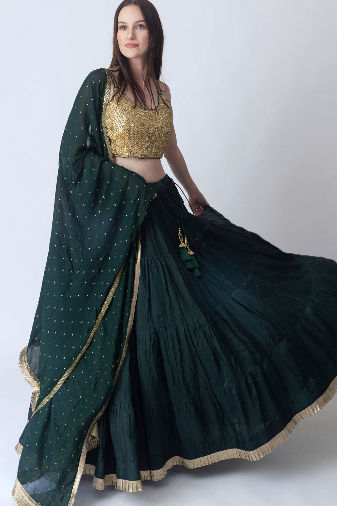 Green and Gold Lehenga Choli with Mirror Work Blouse-[comfort-first-design]-[lightweight]-Raas