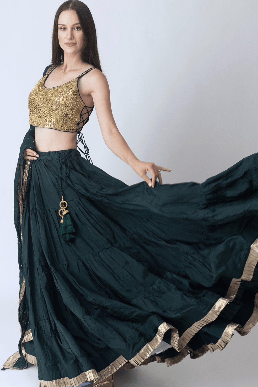 Green and Gold Lehenga Choli with Mirror Work Blouse-[comfort-first-design]-[lightweight]-Raas