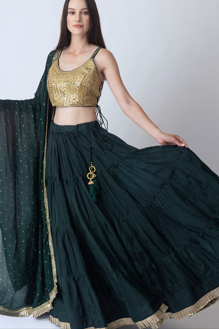 Green and Gold Lehenga Choli with Mirror Work Blouse-[comfort-first-design]-[lightweight]-Raas