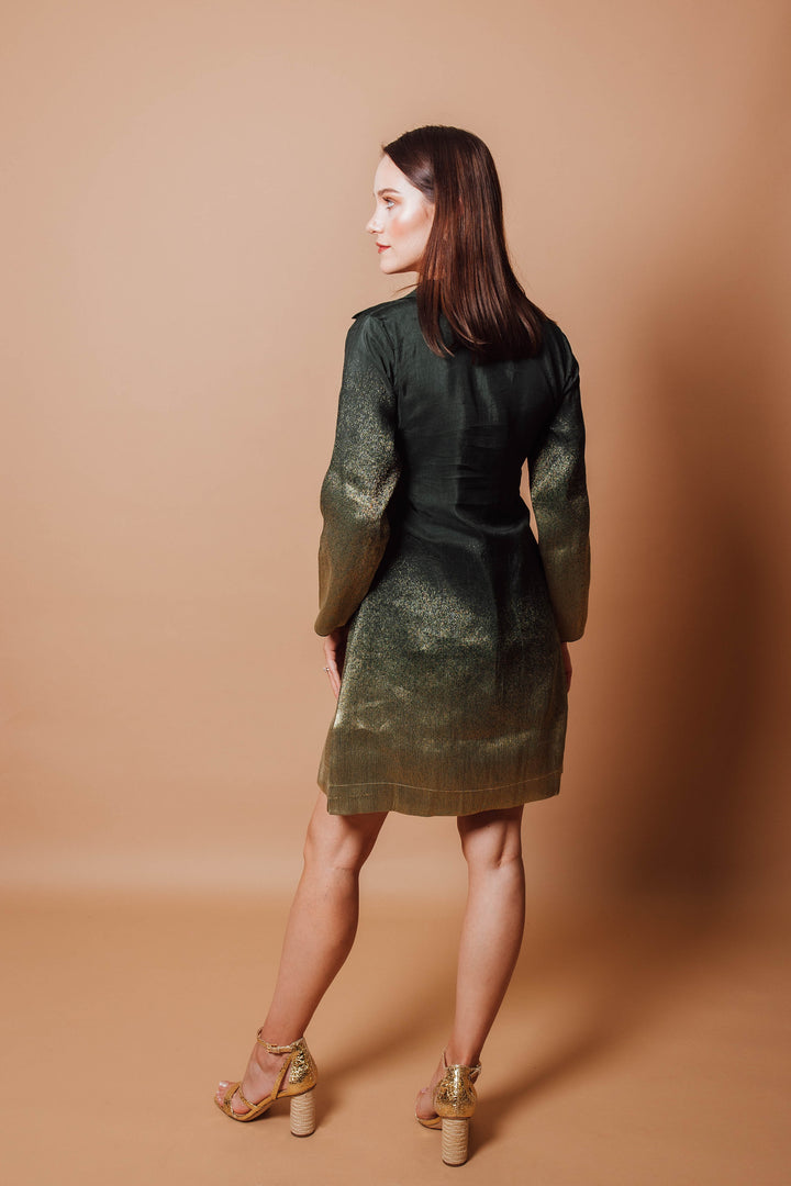 back photo of a model wearing raas green blazer dress