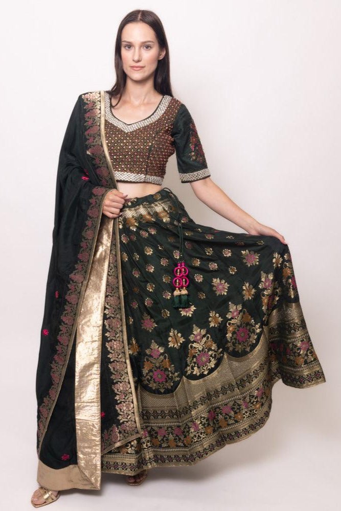 Green Banarasi Lehenga Choli with heavy hand embroidered blouse RAAS