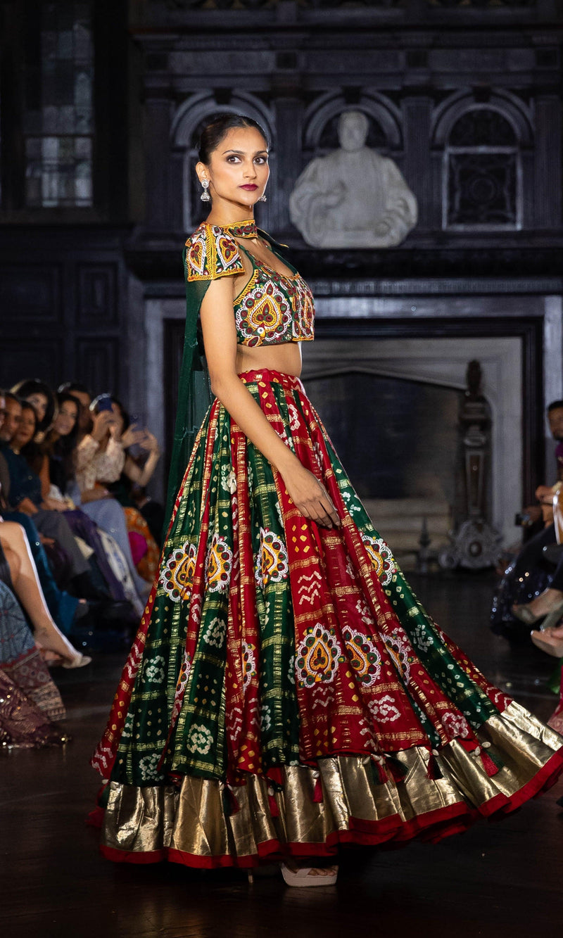 Gren Heavily Lehenga Choli Set with Bandhej Dupatta-[bridal_lehenga]-Raas