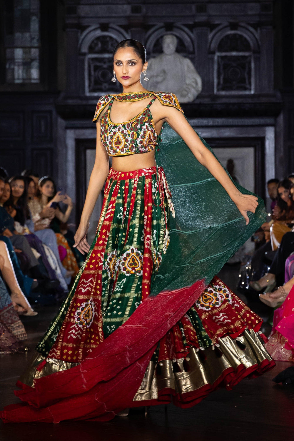 Gren Heavily Lehenga Choli Set with Bandhej Dupatta-[bridal_lehenga]-Raas