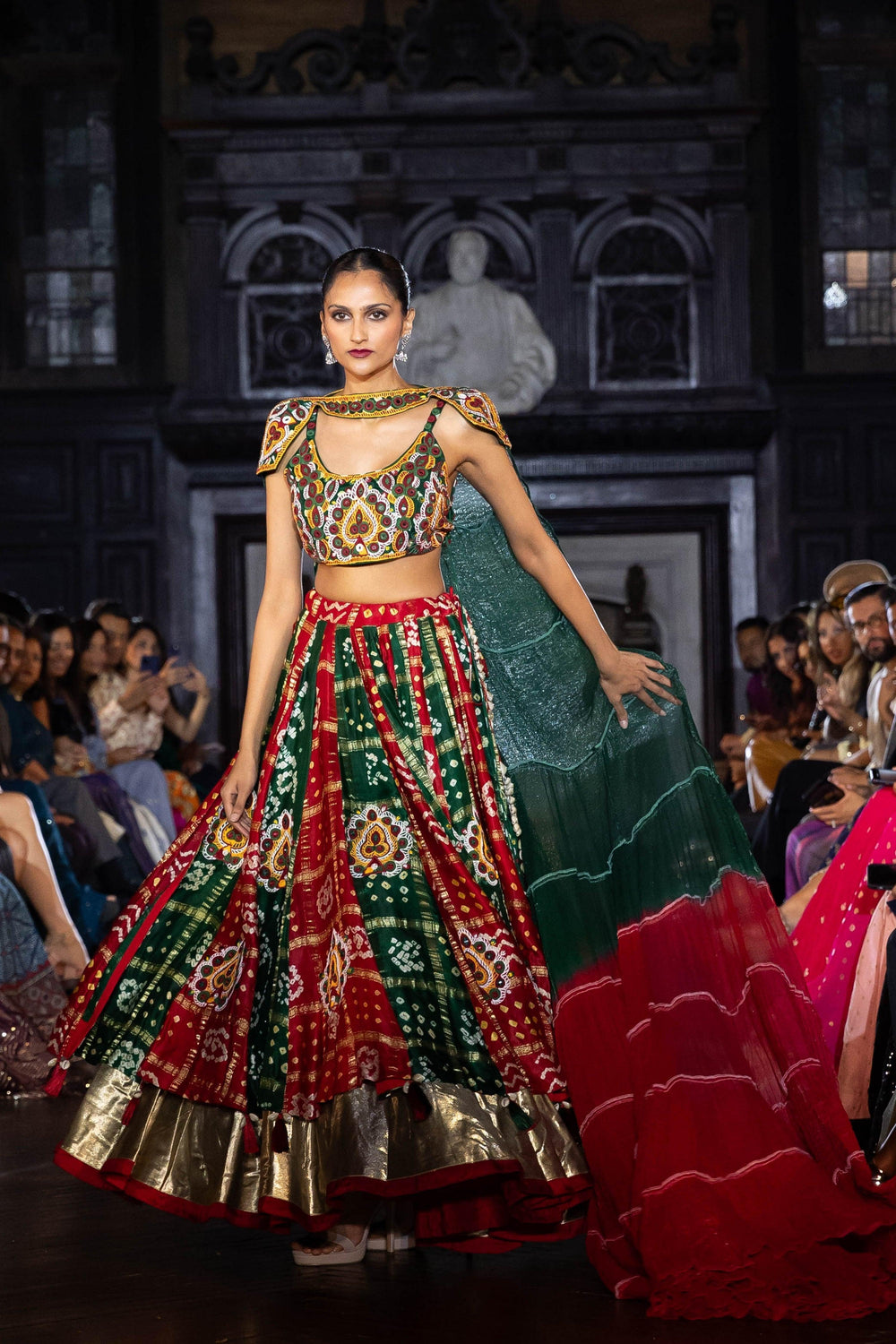 Gren Heavily Lehenga Choli Set with Bandhej Dupatta-[bridal_lehenga]-Raas