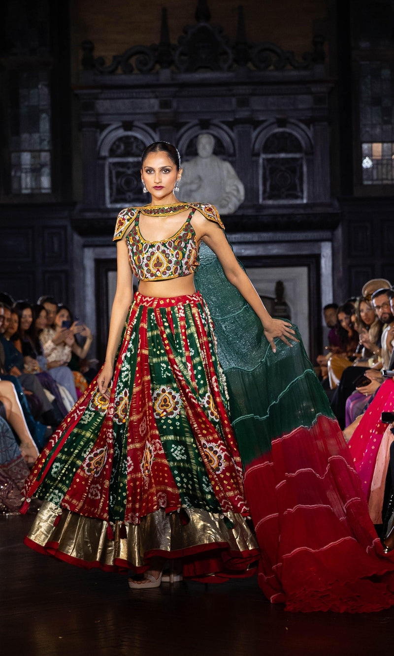 Gren Heavily Lehenga Choli Set with Bandhej Dupatta-[bridal_lehenga]-Raas