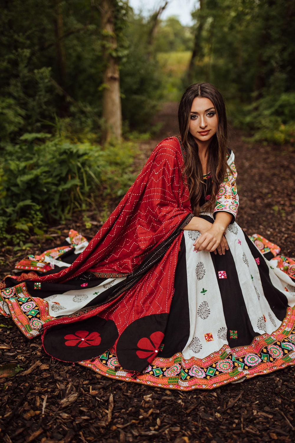 Hand-Block Printed Chaniya Choli with Kachchi Embroidery-[mirror work]-Raas