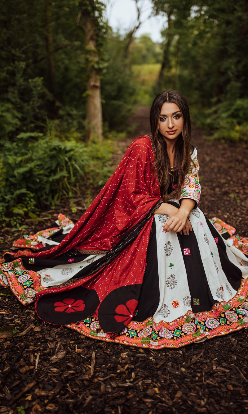 Hand-Block Printed Chaniya Choli with Kachchi Embroidery-[mirror work]-Raas