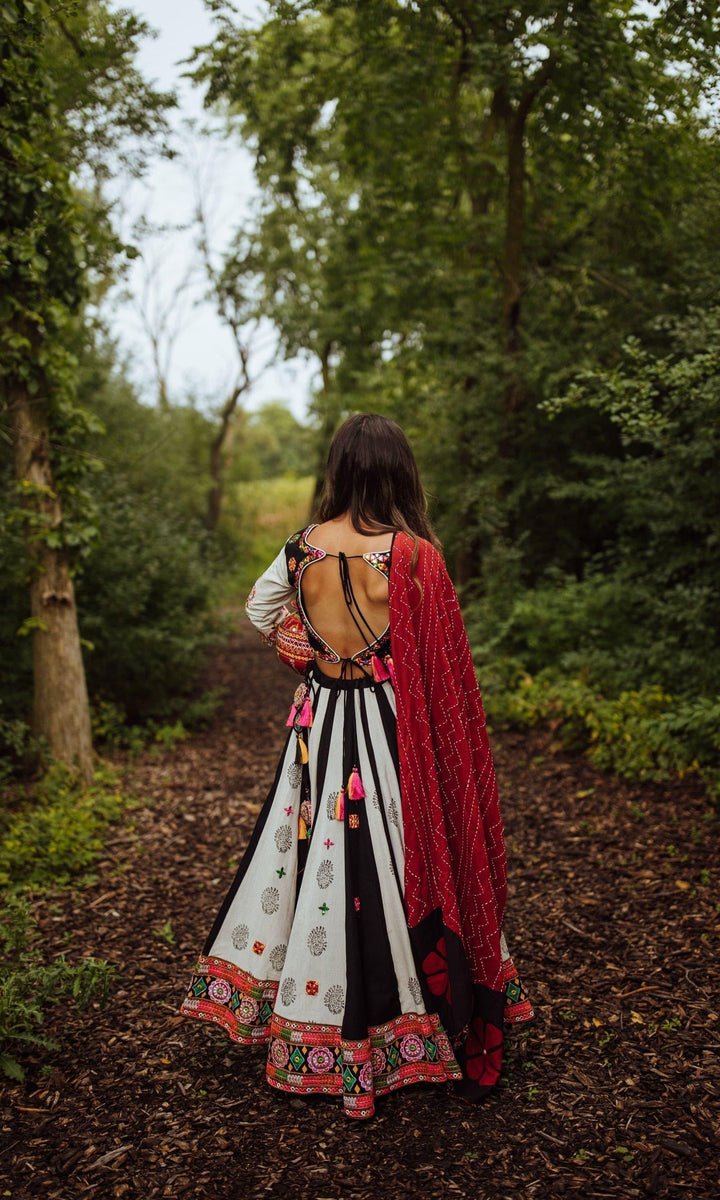 Hand-Block Printed Chaniya Choli with Kachchi Embroidery-Raas USA