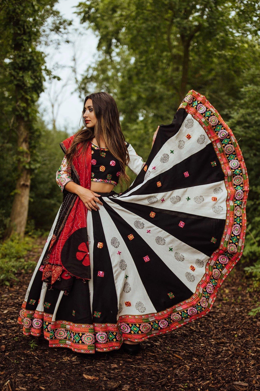 Hand-Block Printed Chaniya Choli with Kachchi Embroidery-[mirror work]-Raas