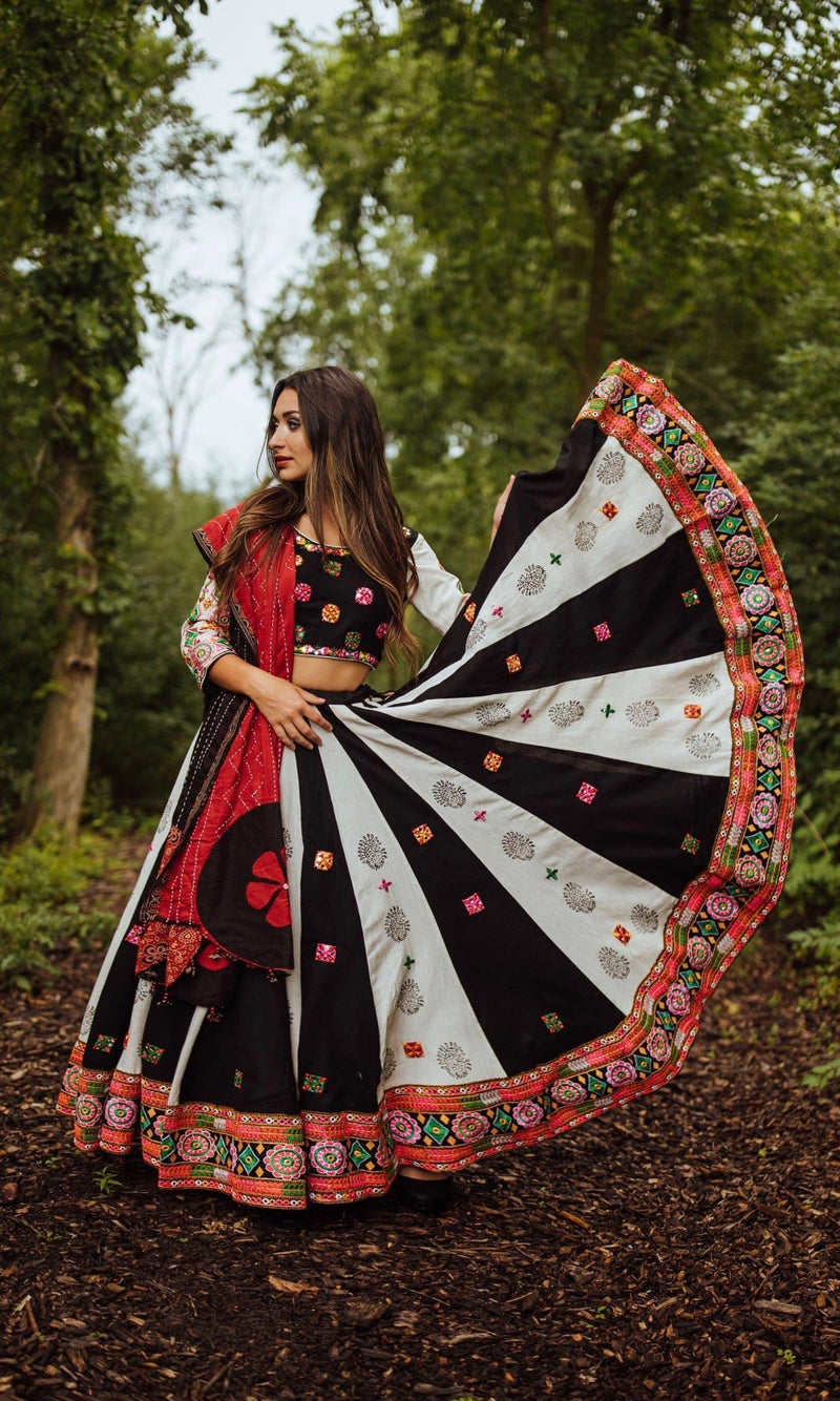 Hand-Block Printed Chaniya Choli with Kachchi Embroidery-[mirror work]-Raas