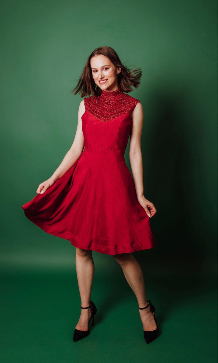 Hand Embroidered Red Short Dress-Raas USA