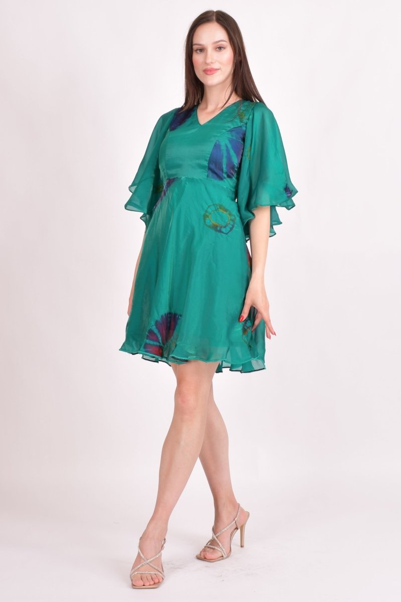 Hand Tie Dye Green Mini Dress-Raas USA