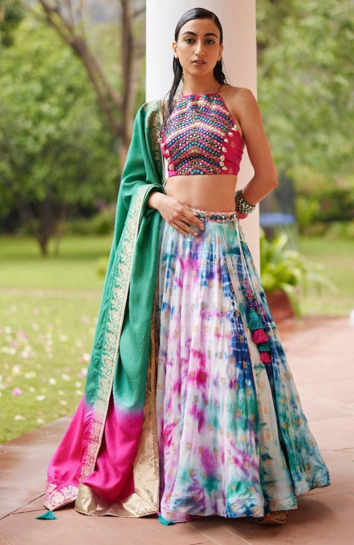Hand Tie Dye Lehenga Choli Set with Heavy Embroidery Blouse-[mehendi outfit]-Raas