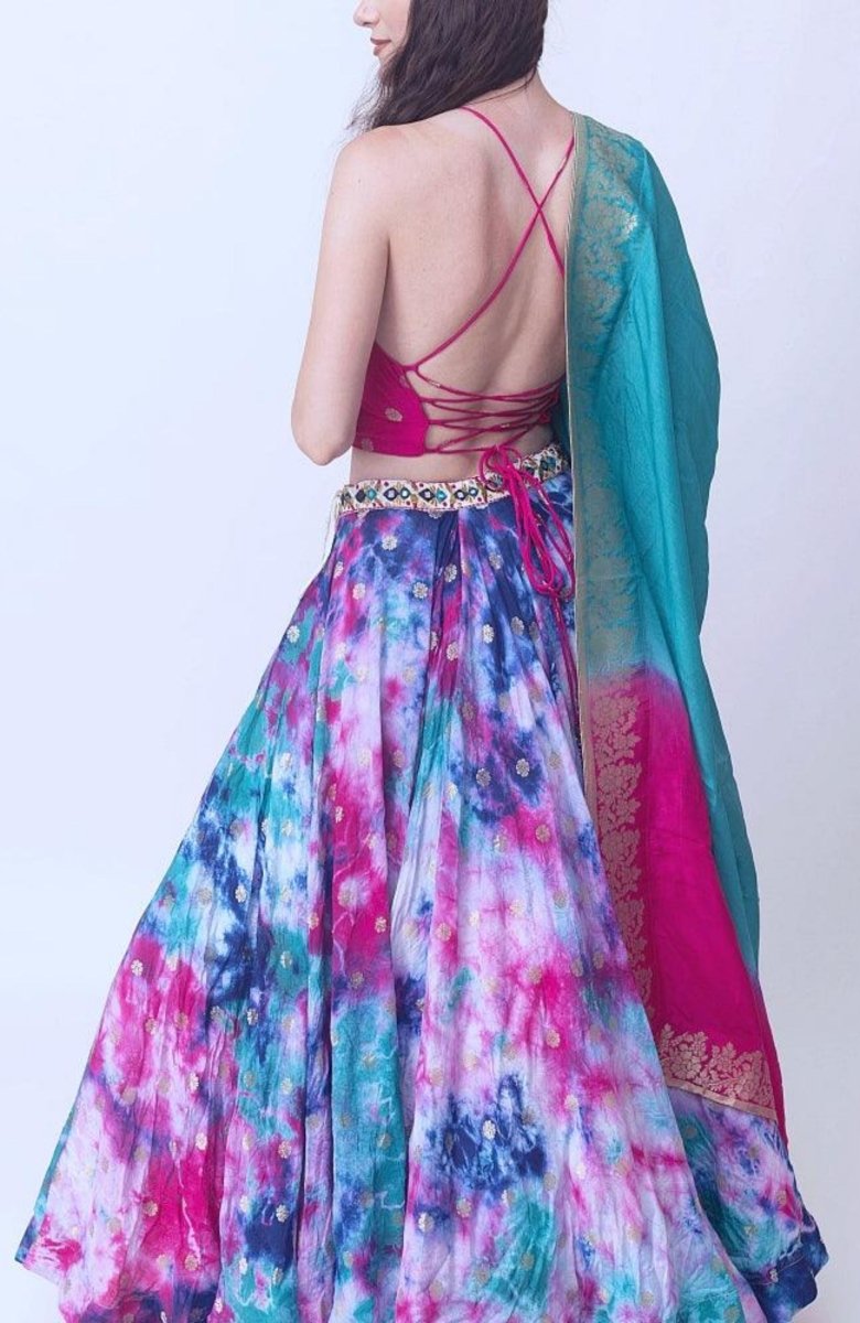 Hand Tie Dye Lehenga Choli Set with Heavy Embroidery Blouse-[mehendi outfit]-Raas