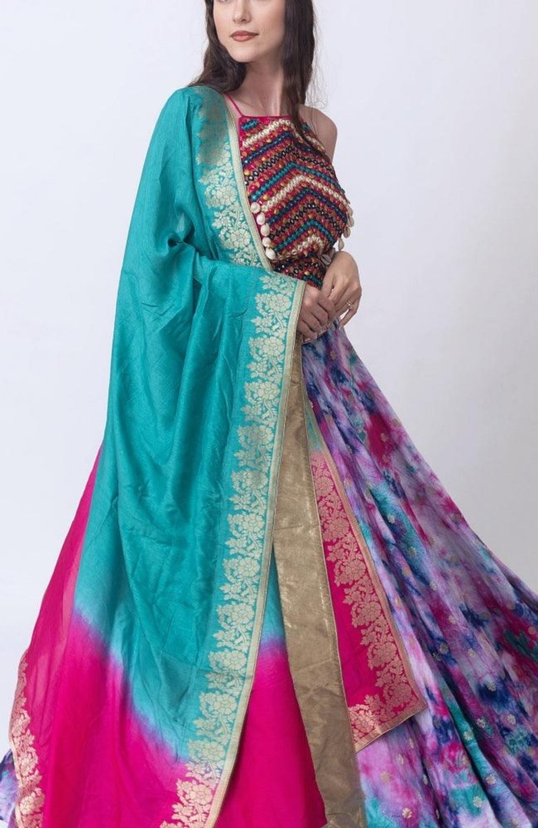 Hand Tie Dye Lehenga Choli Set with Heavy Embroidery Blouse-[mehendi outfit]-Raas