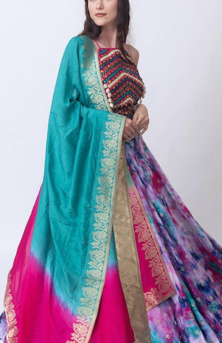 Hand Tie Dye Lehenga Choli Set with Heavy Embroidery Blouse-[mehendi outfit]-Raas