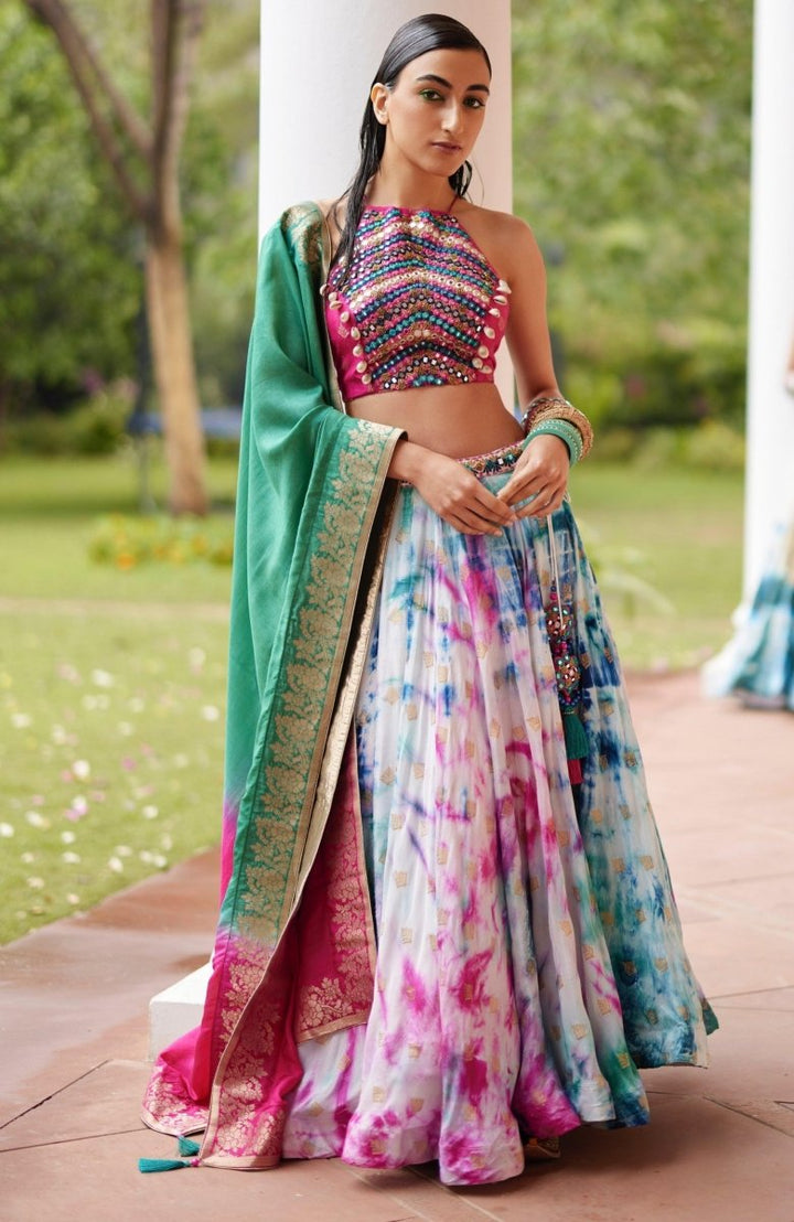 Hand Tie Dye Lehenga Choli Set with Heavy Embroidery Blouse-[mehendi outfit]-Raas