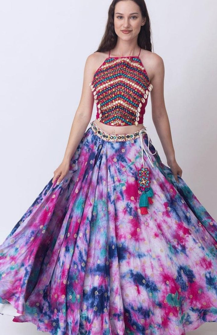 Hand Tie Dye Lehenga Choli Set with Heavy Embroidery Blouse-[mehendi outfit]-Raas