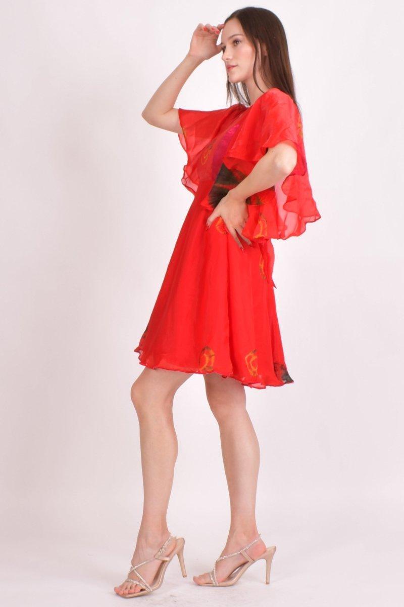Red hand tie-dye mini dress with butterfly sleeves and a relaxed silhouette, worn by a model.