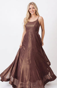 Harper Brownish Shimmer Gown: sleeveless, brownish-purple silk maxi gown with a shimmering finish and spaghetti straps.