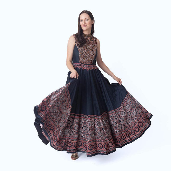 High Neck Long Dress with Hand Embroidery-Raas USA