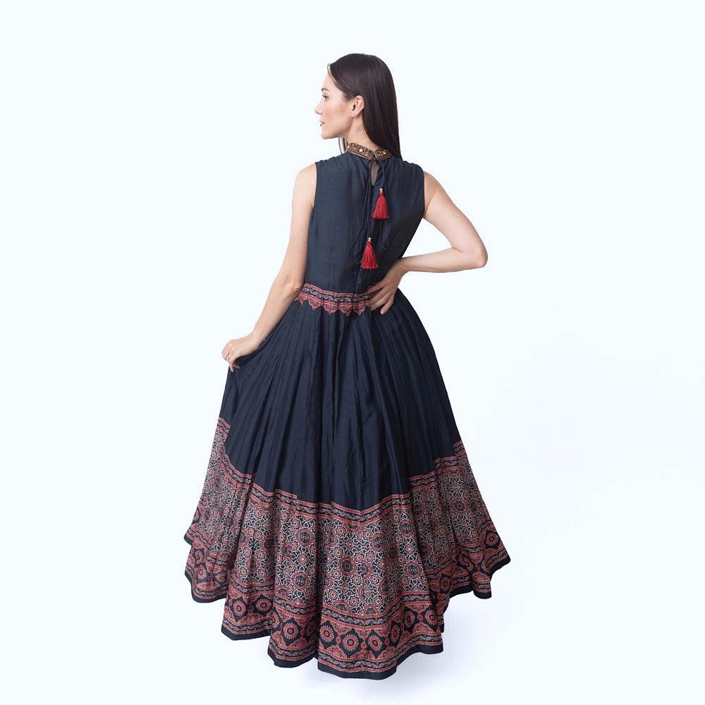 High Neck Long Dress with Hand Embroidery-Raas USA