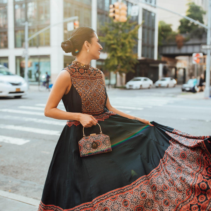 High Neck Long Dress with Hand Embroidery-Raas USA