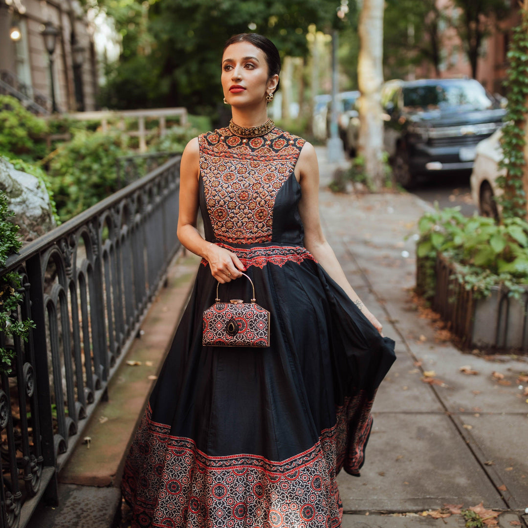 High Neck Long Dress with Hand Embroidery-Raas USA