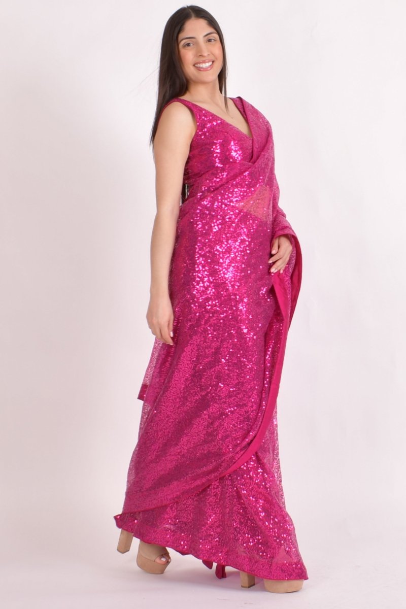 Hot Pink All-Over Sequin Pre-Pleated Saree-[pre_stitched_saree]-Raas