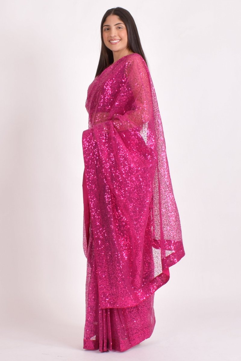 Hot Pink All-Over Sequin Pre-Pleated Saree-[pre_stitched_saree]-Raas