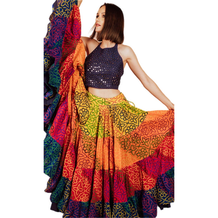 Sayli 3 Piece Dress with Mirror Embroidery Top and Multicolor Tiered Skirt