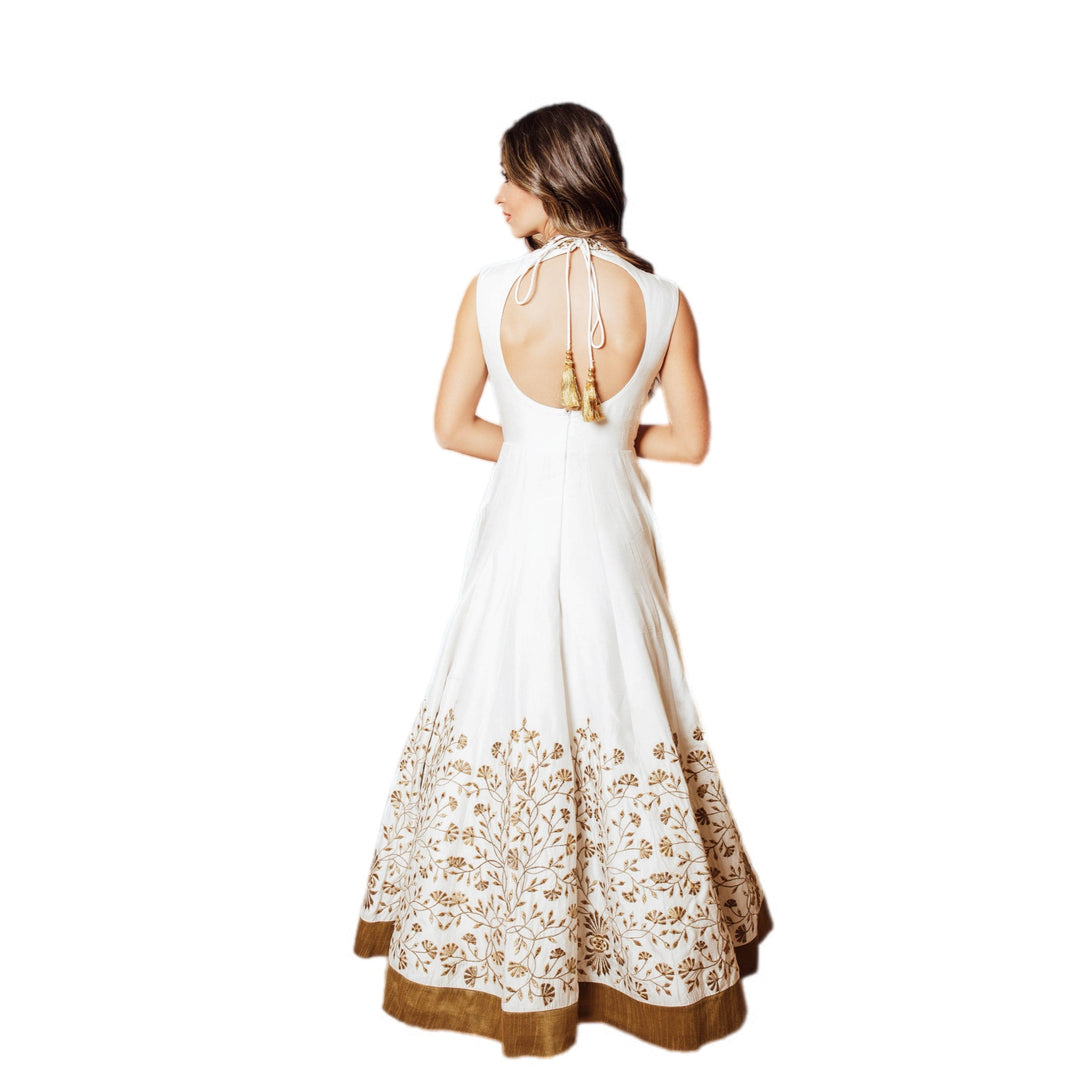 Anita White Gown with Embroidered Torso and Hem