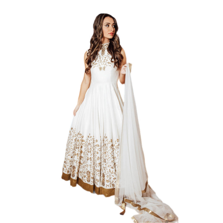 Anita White Gown with Embroidered Torso and Hem