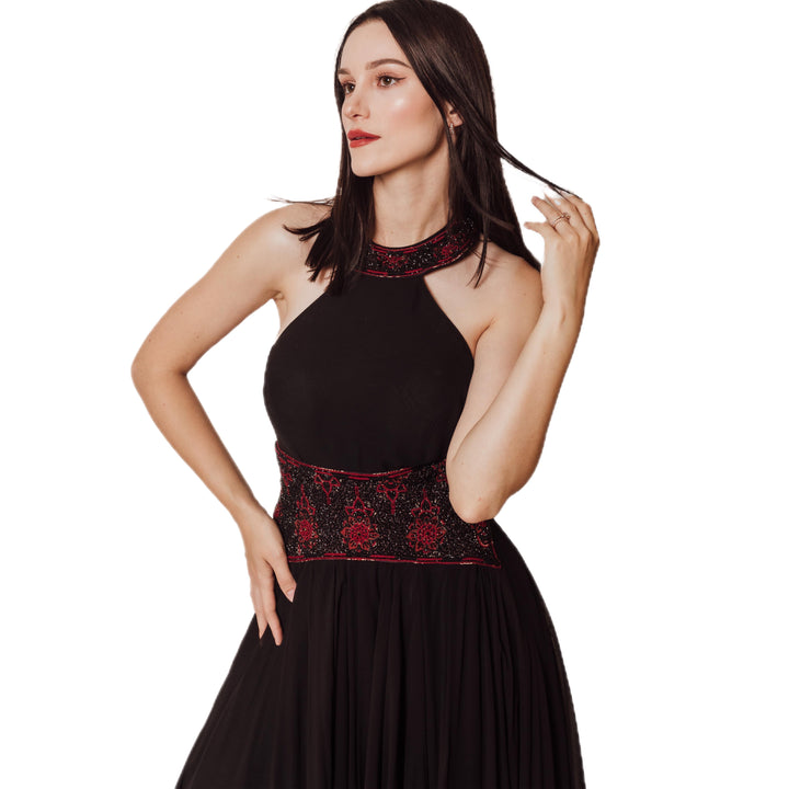 Vivenne Black Halter Gown with Beaded Neckline and Waist