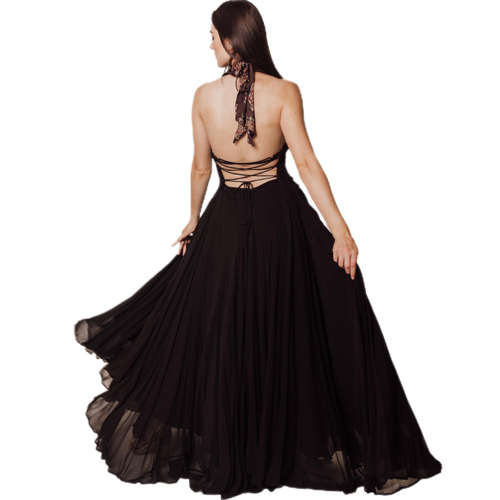 Vivenne Black Halter Gown with Beaded Neckline and Waist