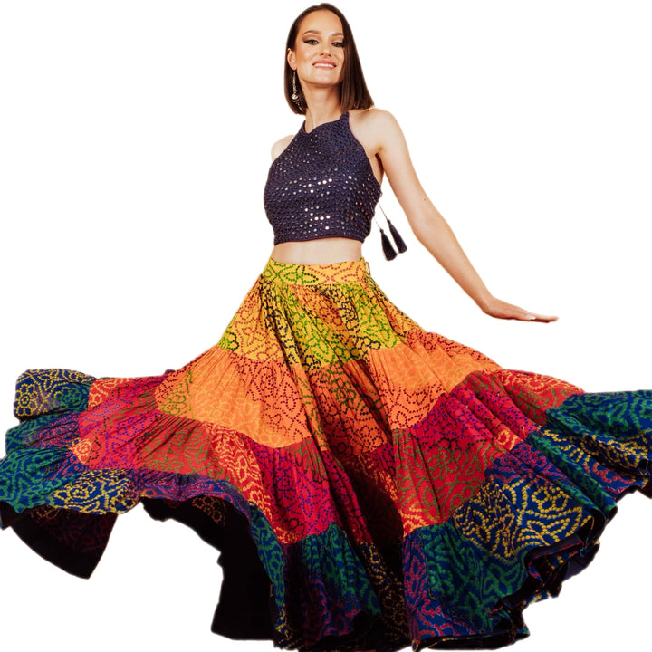 Sayli 3 Piece Dress with Mirror Embroidery Top and Multicolor Tiered Skirt