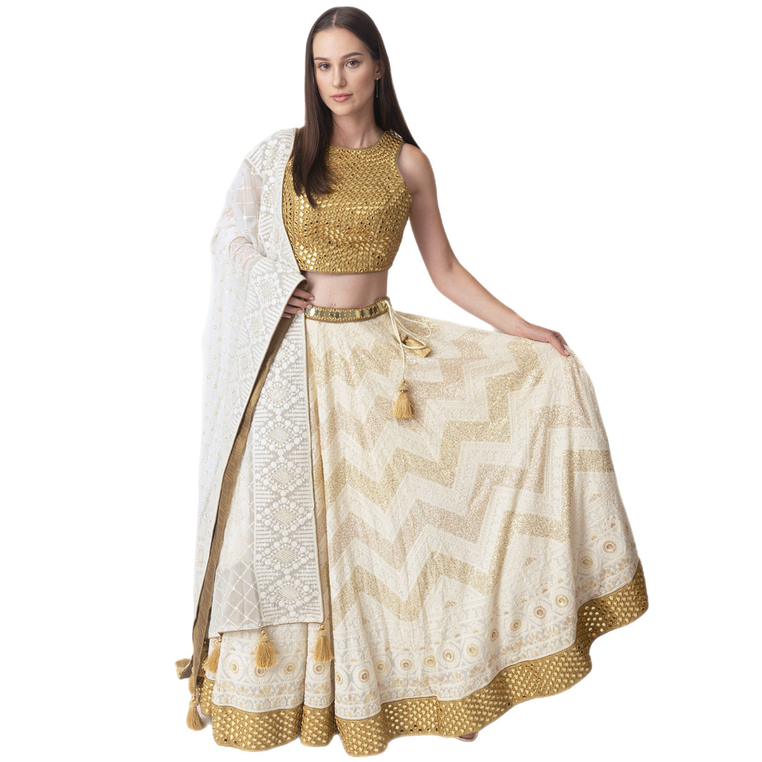 Mali Off White Lehenga Choli with Mirror work