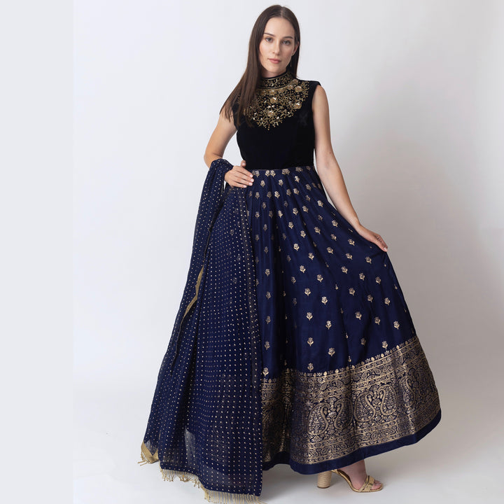 Alice Blue Gown with Velvet Hand Embroidered Torso and Banarasi Jacquard Bottom