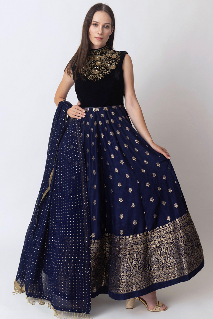 Alice Blue Gown with Velvet Hand Embroidered Torso and Banarasi Jacquard Bottom