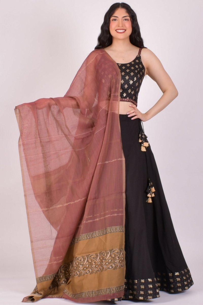 Black Mirror Work Cotton Chaniya Choli With Dupatta