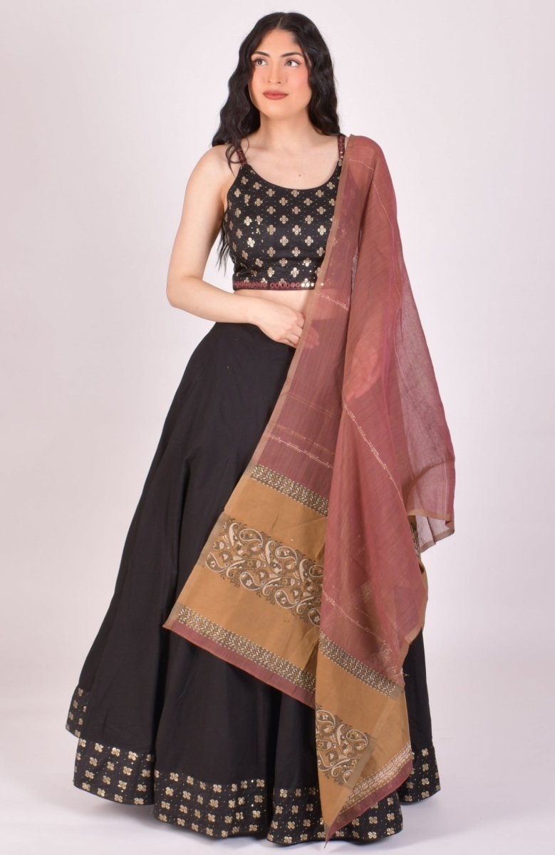 Black Mirror Work Cotton Chaniya Choli With Dupatta