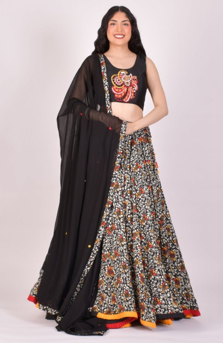Black Kalamkari Print Chaniya Choli With Dupatta