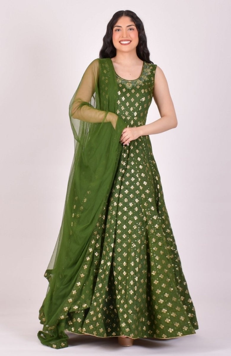 Green Sequin Anarkali Gown With Dupatta