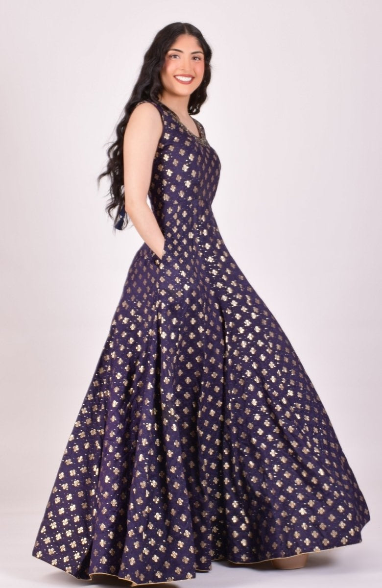Blue Sequin Anarkali Gown With Dupatta